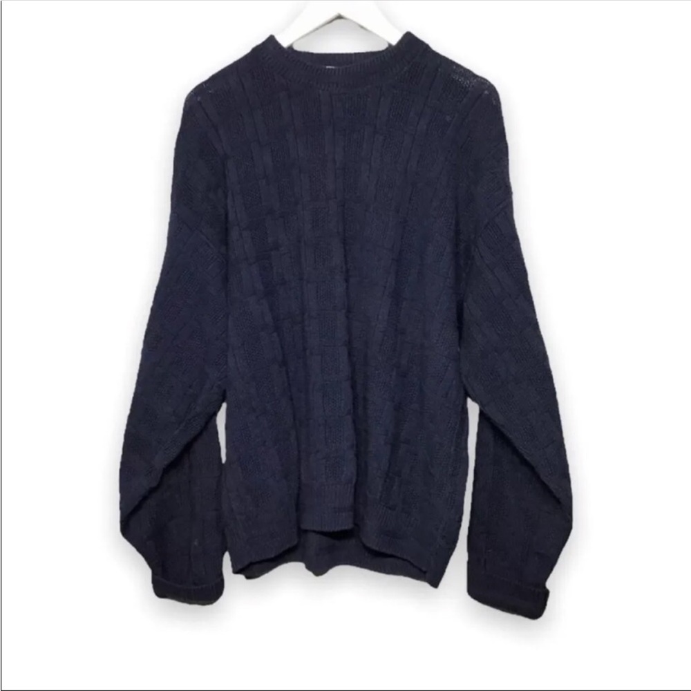Bill Blass Sz M Hand Framed Cable Knit Fisherman Lodge Sweater Navy Blue USA